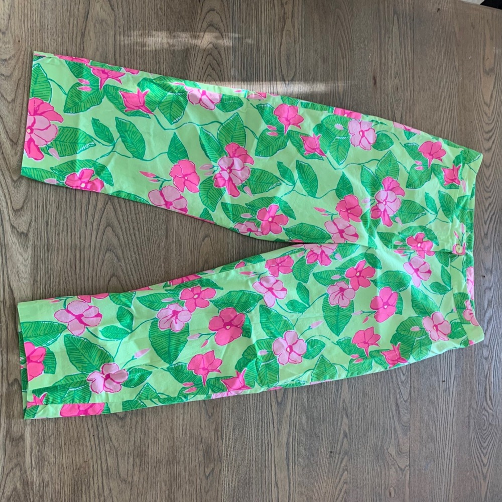 Lilly Pulitzer Green Pink Floral Straight Leg Crop Pants 8P Petite Cotton